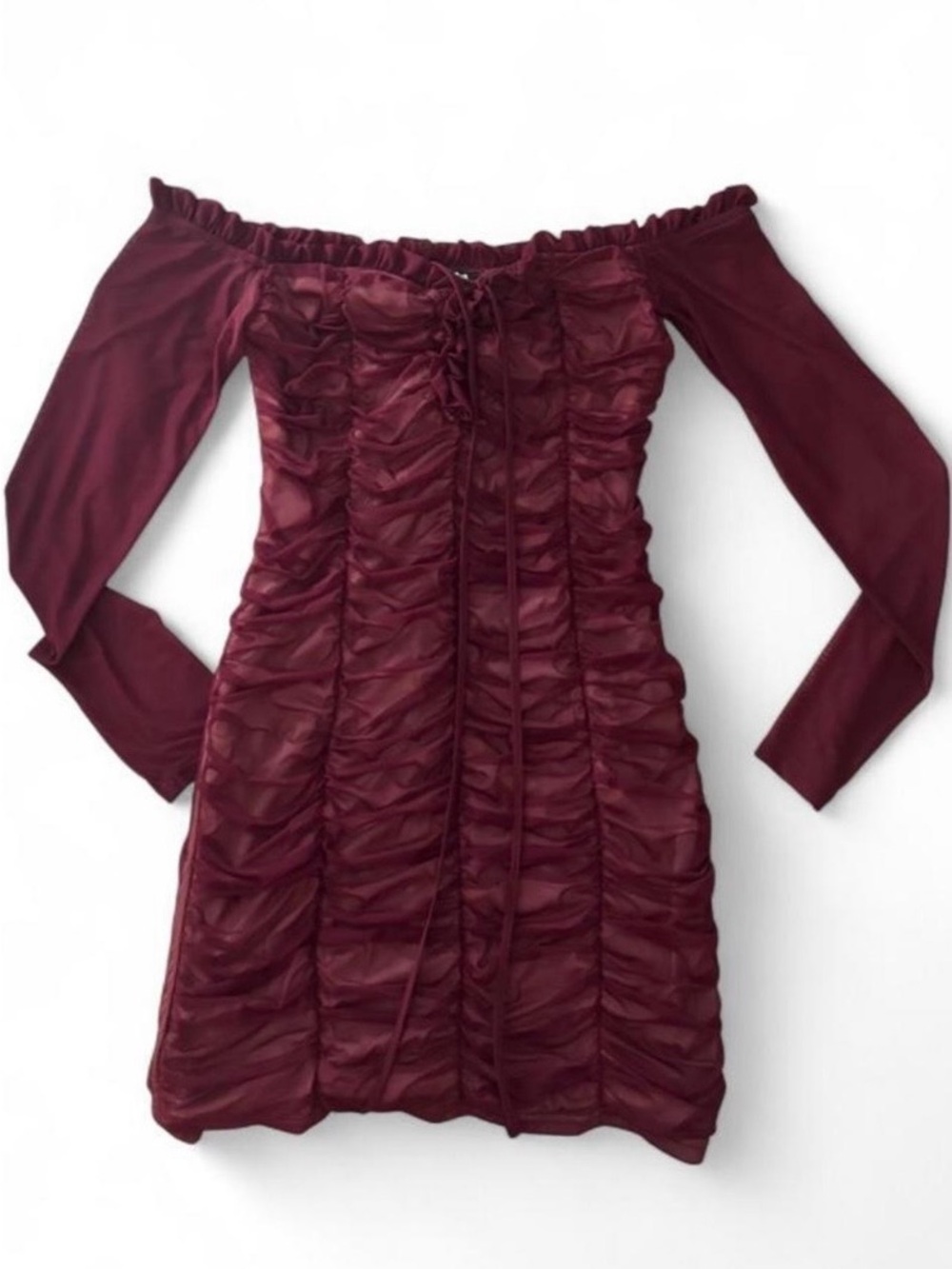 Fashion Nova Off-Shoulder Ruched Mini Dress in Burgundy